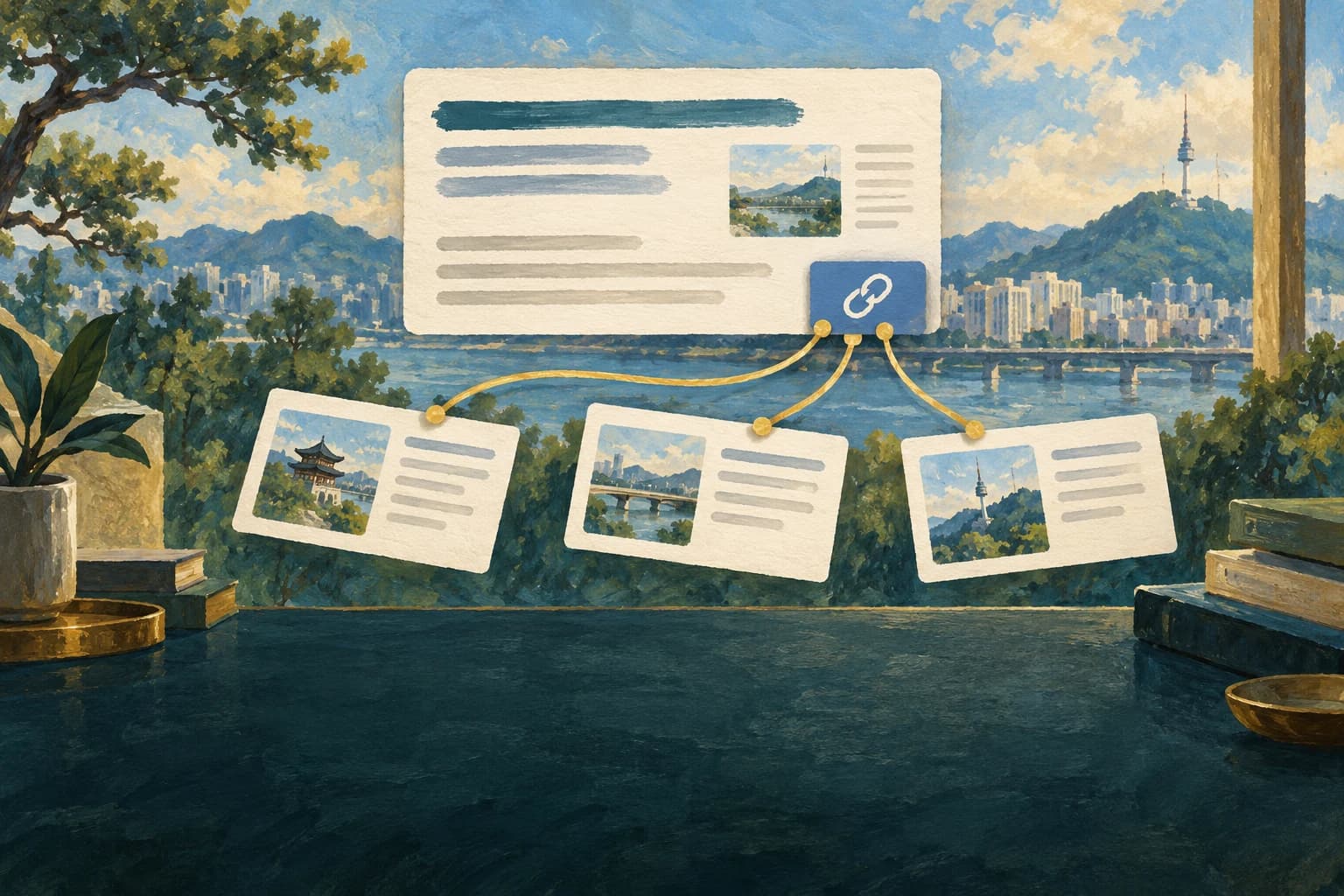 Painterly illustration of source pages connected to a linked citation on an AI answer card.