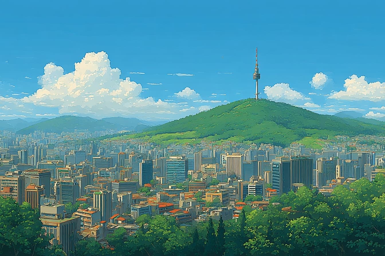 Painterly Seoul cityscape with N Seoul Tower, used as the hero image for the AI search engine optimization playbook