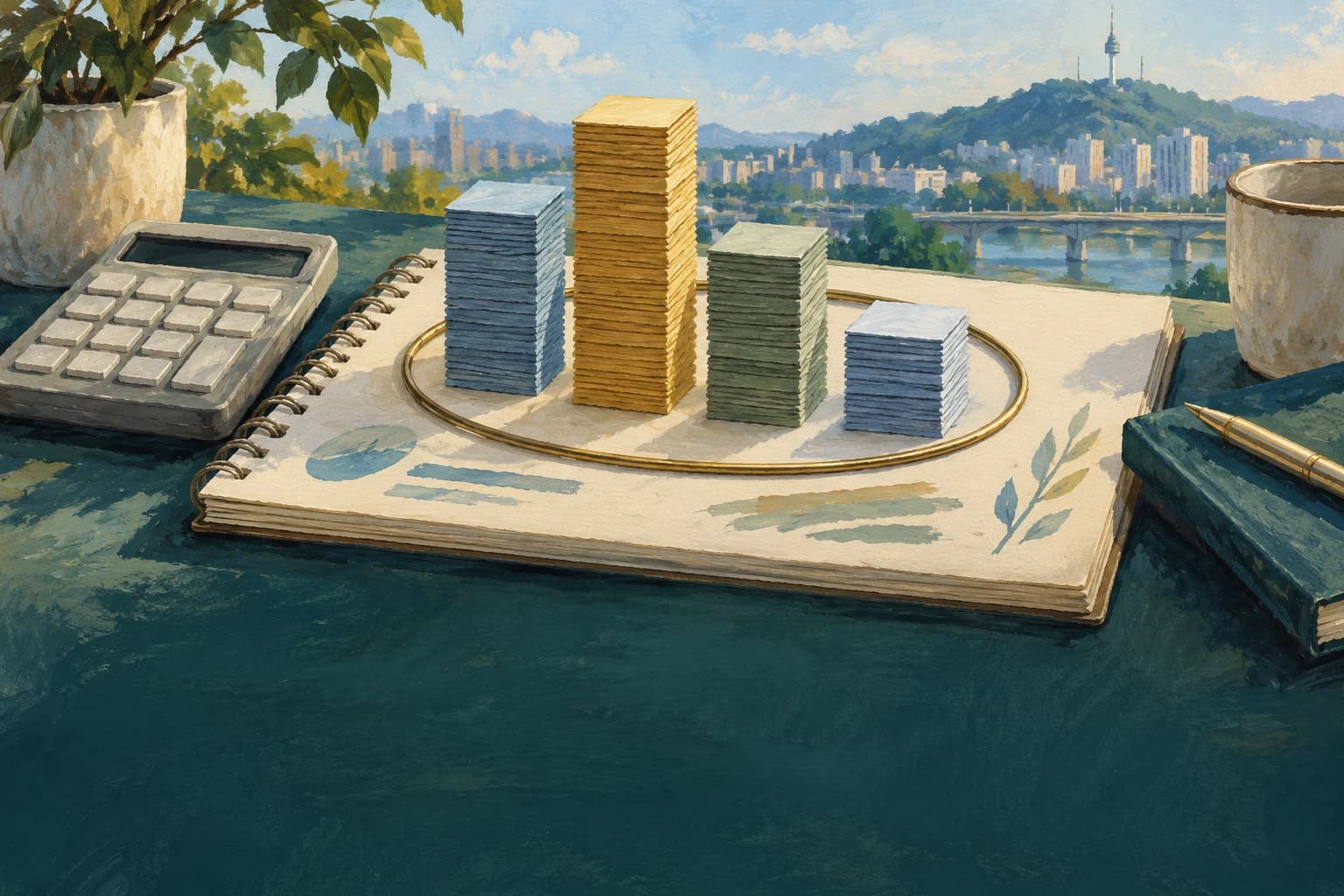 Painterly illustration of a calculator and four stacks of conversation cards within a defined comparison set.