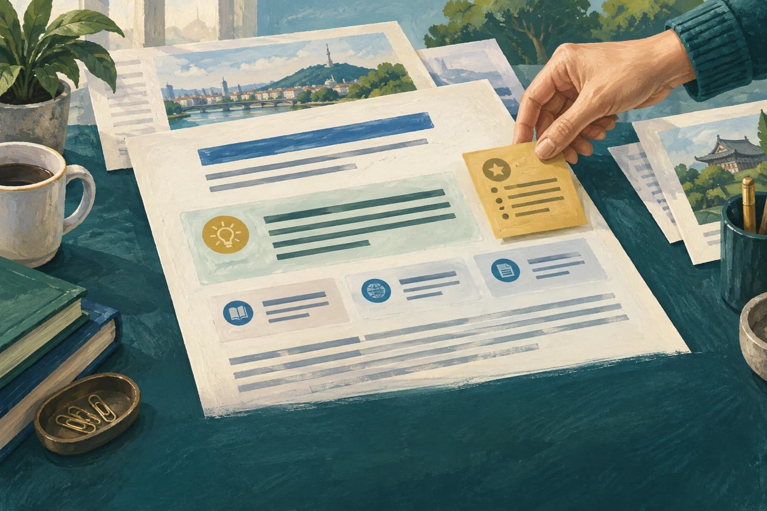 Painterly illustration of an editor adding a factual source card to a clearly structured article.