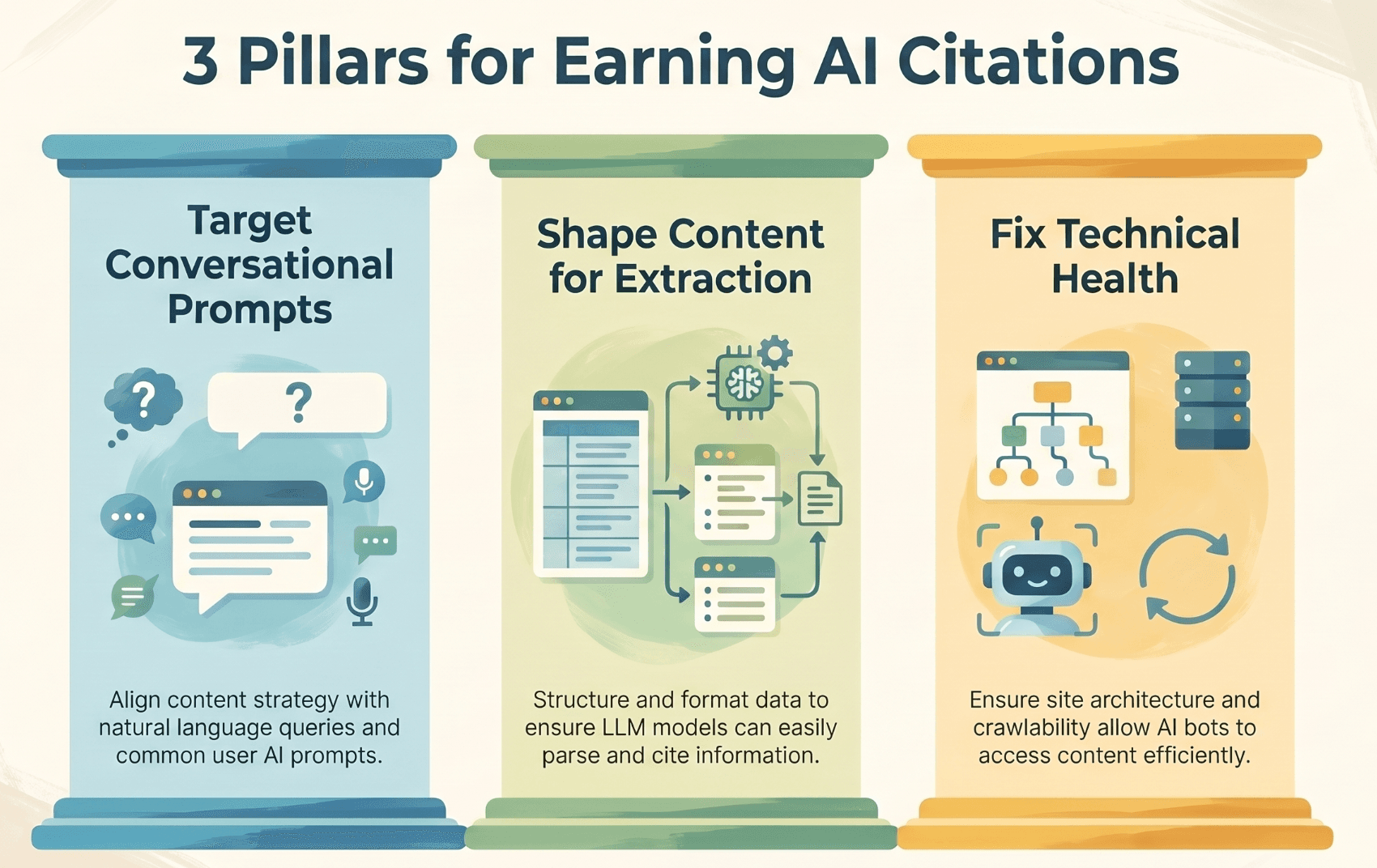 Three pillars for earning AI citations: target conversational prompts by aligning with natural language queries, shape content for extraction so LLMs can parse and cite it easily, and fix technical health so AI bots can crawl the site efficiently.